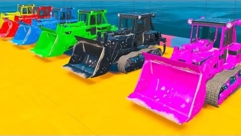 Цветные бульдозеры, сталкивающие машинки в воду - Учим цвета и цифры для детей 3d Анимационный мульт