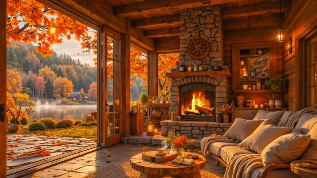 Осень у озера 🍂 Уют у камина с джазом и видом на воду 🎷🔥