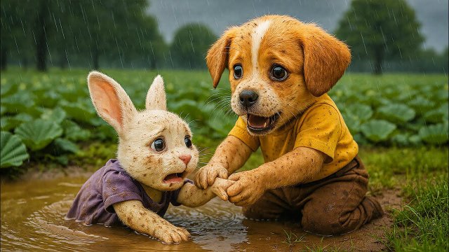 Мультики для детей. Сабачка спасает кролика. Мультик про собачку и кролика. Мультик