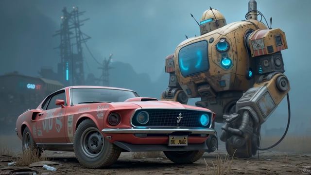 Retro Synthwave Drive & Robot Guardian - 80s Nostalgia Road Trip Vibes