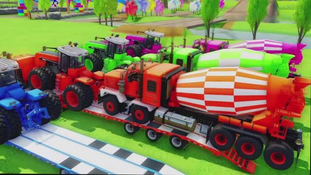 КРАСОЧНЫЙ МУЛЬТФИЛЬМ ПРО ГРУЗОВИКИ ДЛЯ МАЛЫШЕЙ.  АВТОВОЗ ПЕРЕВОЗИТ БОЛЬШОЙ ТРАКТОР И БЕТОНОМЕШАЛКУ.