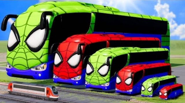 Большие и маленькие длинные автобусы Человек-паук Красный против зеленого против поезда Томас | Beam