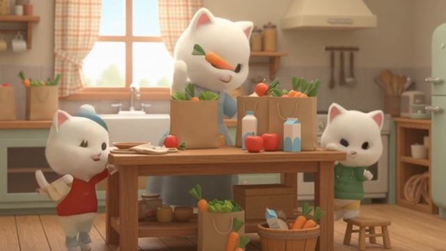 Мультики для детей, мама с котятами готовит торт. мультфильм детям. Мультик про белую кошку и котят