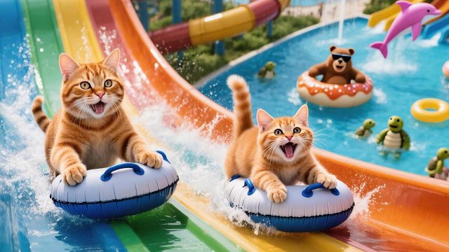 😹Мама кошечка катается в аквапарке со своим маленьким сыночком🔥