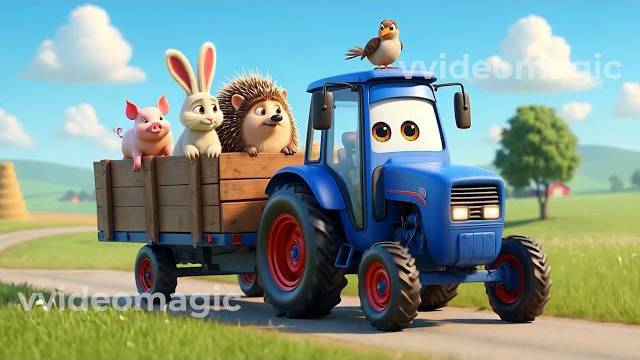 Синий трактор и дорога с облаками