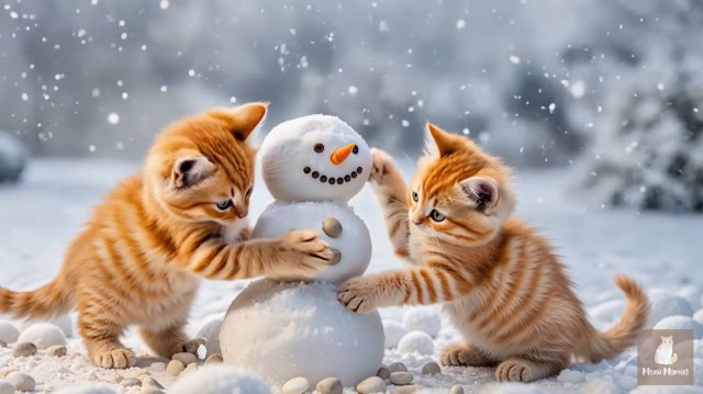 😹Милые пушистые котятки лепят снеговика и прыгают в снегу🔥