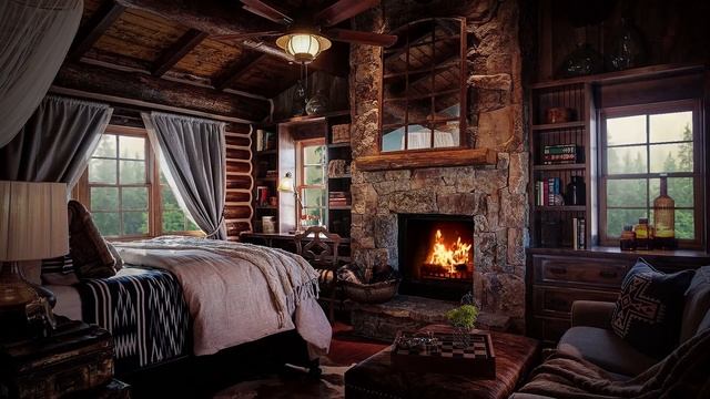 Уютная спальня в домике под звуки дождя и камина для сна, чтения и релаксации.