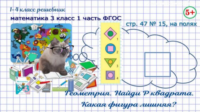 Стр 47 № 15, на полях найди периметр квадрата, лишнюю фигуру математика 3 класс 1 часть ФГОС 2023