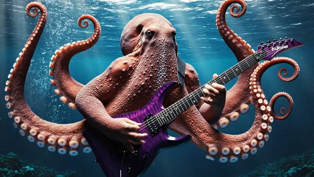 Осьминог играет на электро гитаре