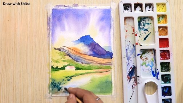 Акварельная живопись для начинающих: горный пейзаж и долина, пошаговый урок