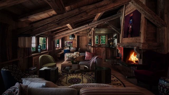 Уютная комната в домике под звуки дождя и камина для сна, чтения и релаксации.