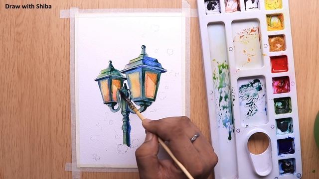 Мастер-класс по рисованию акварелью цветочного дерева и уличного фонаря.