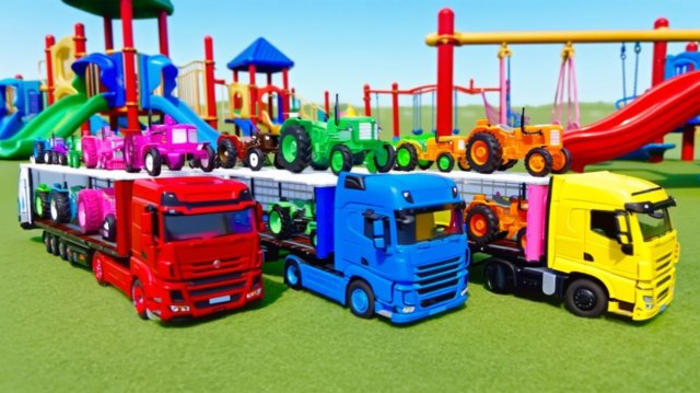 Разноцветные Трактора и Машинки для Детей! Мультики про Машинки и Грузовики — Катаемся и Прыгаем!