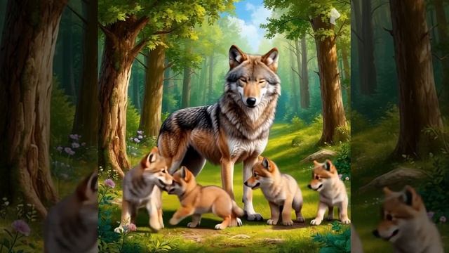 Волчица с волчатами, короткое видео, оживление картинки