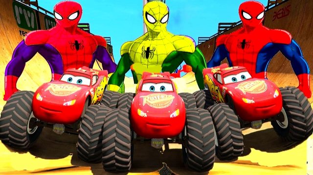 Человек-паук и Монстр-Трак Молния Маккуин Тачки. Мультфильм для детей. Мультики про машинки.