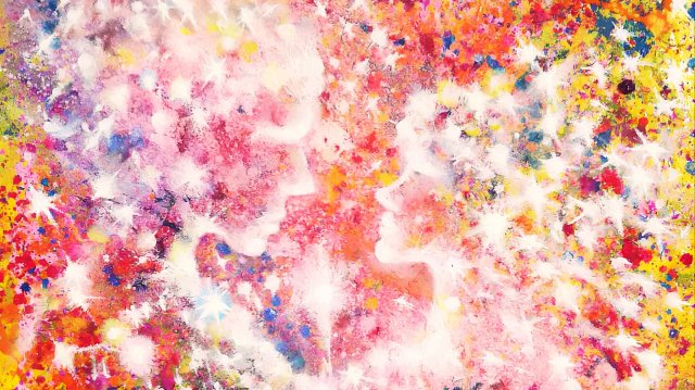 Картина ДВОЕ - создана без кисти, из брызг и потоков краски. Она о близнецовых пламенах,