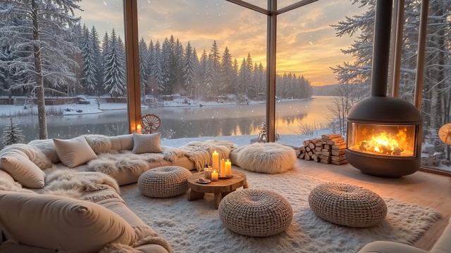 Камин, лёгкий джаз, нежная музыка, уютная атмосфера