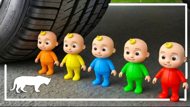 Мультики для детей. Давление разных ярких игрушек машинным колесом. Мультьики залипалки малышам