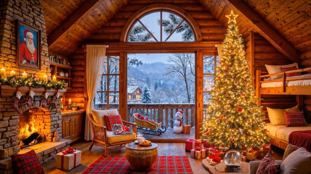 Рождественский вечер в тёплой лесной хижине ❄️✨ Огни ёлки, треск камина и уют зимнего утра 🎄🔥