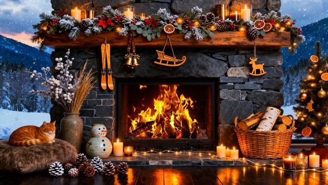 Камин в Горном Домике. Снегопад, треск дров и милый котик. Фон для уютного вечера.