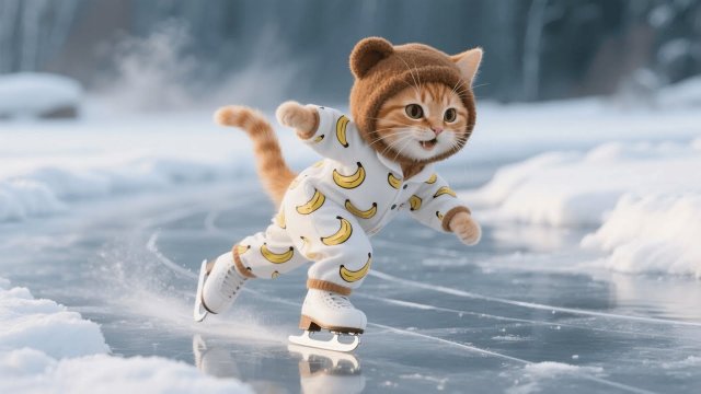 Мама-кошка берет рыжего котенка Кита в зимний поход для катания на коньках и снежной рыбалки