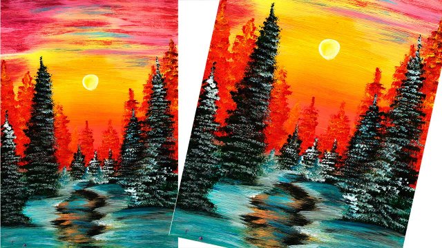 Как нарисовать зимний пейзаж. Нарисуем зимний лес. Правополушарное рисование. Закат в лесу.