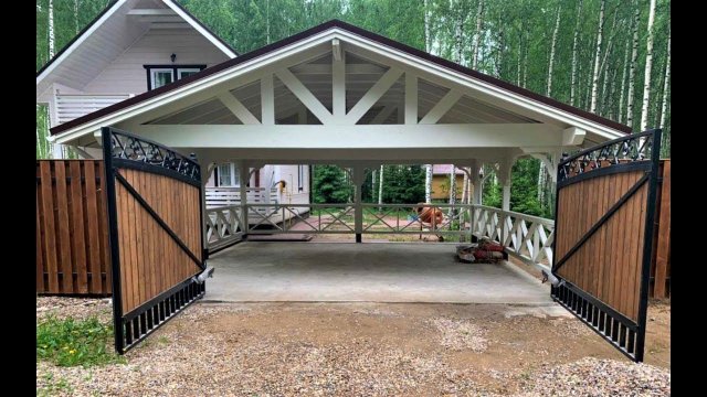 Классический навес из дерева для двух машин "Наполеон" 7х7м. Московские Навесы.