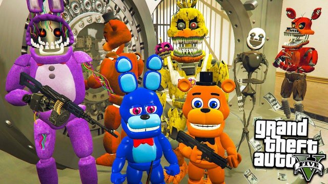 АНИМАТРОНИКИ ОГРАБИЛИ БАНК ФНАФ 5 НОЧЕЙ ГТА 5 МОДЫ! ОБЗОР МОДА GTA 5 видео игра мультик для детей