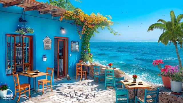 Relaxing Bossa Nova Jazz at Seaside Coffee Shop Ambience with Ocean Wave Sounds for Positive Moods