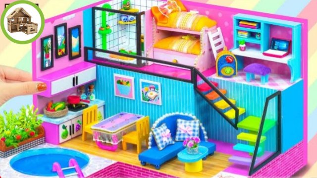 Миниатюрный современный розовы трех комнатный домик с и круглым столом из картона /209