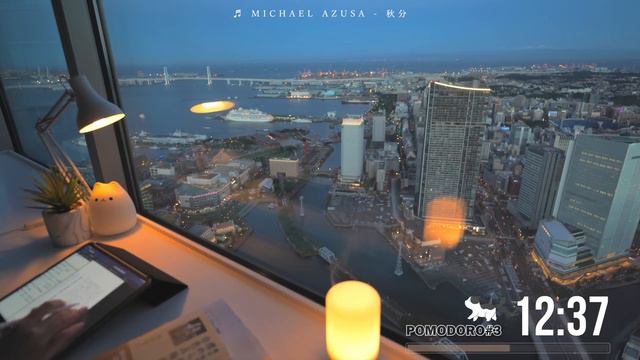2.5-HOUR STUDY WITH ME _ calm piano _ 🚢 Yokohama Harbor at SUNSET🌃 _ with countdown+alarm