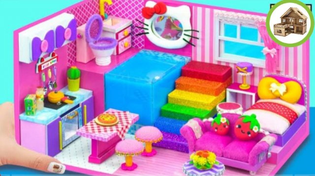 Миниатюрный домик для семьи симпотичная комната кухня и бассейн из картона /193