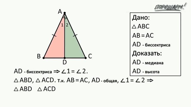Геометрия. 7 класс. Теоремы. Т6. Второе свойство равнобедренного треугольника.