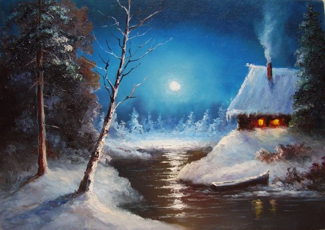 "Зимняя ночь"как нарисовать зимний пейзаж ночью,как рисовать дом,для самых начинающих #art #пейзаж