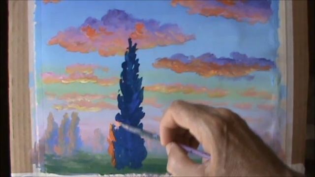 как рисовать деревья на закате с использованием акрила на холсте искусство класс