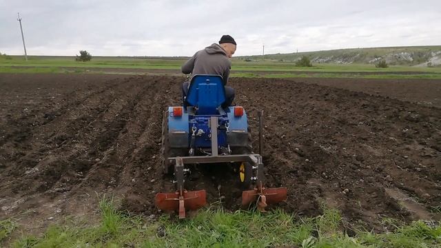 Посадка картофеля минитрактором под двухрядный окучник