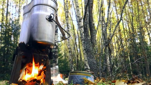 Печка щепочница во все сезоны,армейский котелок,походы в лес.
