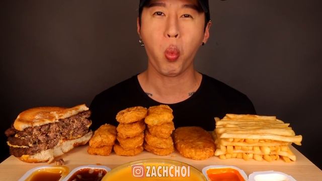 ASMR MUKBANG CHEESY HASH BROWNS & CHICKEN NUGGETS & TRIPLE CHEESEBURGER (No Talking) EATING SOUNDS