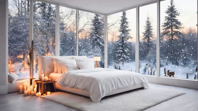 ❄️Winter Morning in a Cozy Bedroom with Gentle Snowfall and Christmas Relaxing Jazz. Soft Jazz Musi