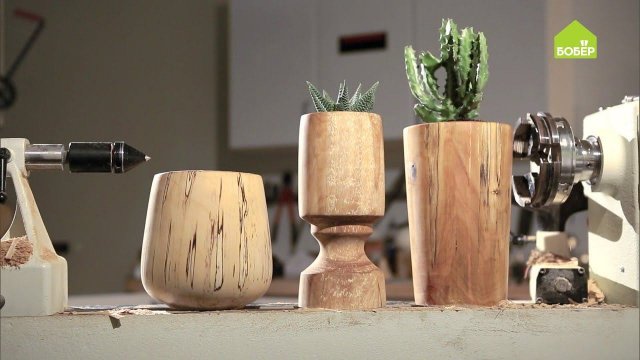 Кашпо из берёзовой чурки на токарном станке