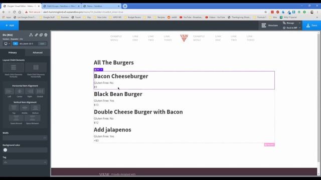 Restaurant Menu Options - ACF Repeater and Oxygen Builder