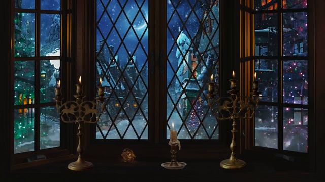 Hogsmeade Window "Winter Night" ⛄ Harry potter ASMR Ambience - Christmas Music ? Fireplace & Snow