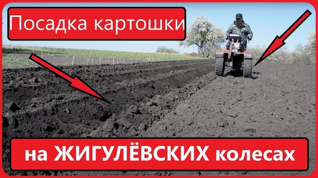 САЖАЕМ КАРТОФЕЛЬ ПОД МОТОБЛОК. Мотоблок Ока на жигулевских колесах, грунтозацепы не нужны!