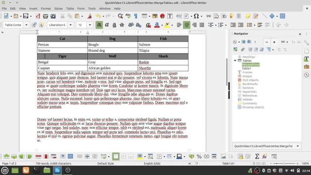 LibreOffice Writer: Merge two tables