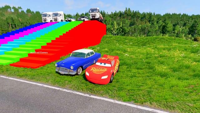 TRANSPORTING PIXAR CARS & FRUITS WITH COLORED & JOHN DEERE vs CLAAS vs TRACTORS - BeamNG.drive