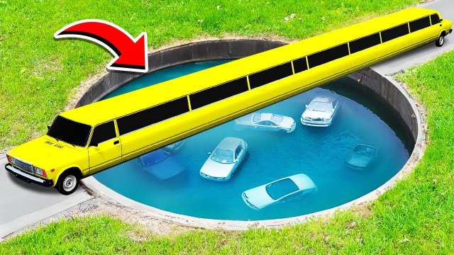ПРОЕХАЛ ГЛУБОКУЮ ЯМУ С ВОДОЙ НА САМОМ ДЛИННОМ ЛИМУЗИНЕ ВАЗ 2107 СЕМЁРКА  ГТА 5 МОДЫ МУРКА