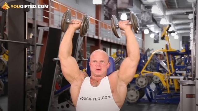 Упражнения для плеч. Жим гантелей сидя.