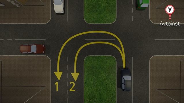 По какой траектории разрешено выполнить разворот на нерегулируемом перекрёстке синему автомобилю?