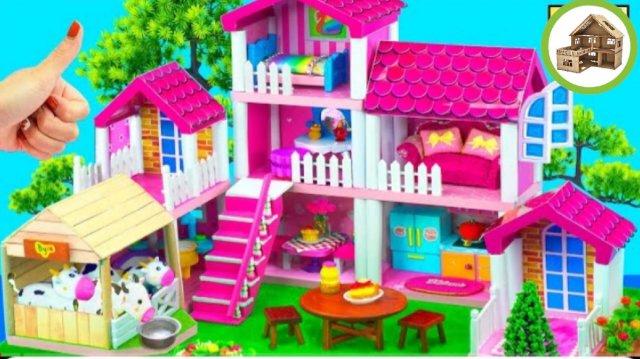 Миниатюрная трех этажная розовая вилла с коровником и восьми комнатами из картона /208