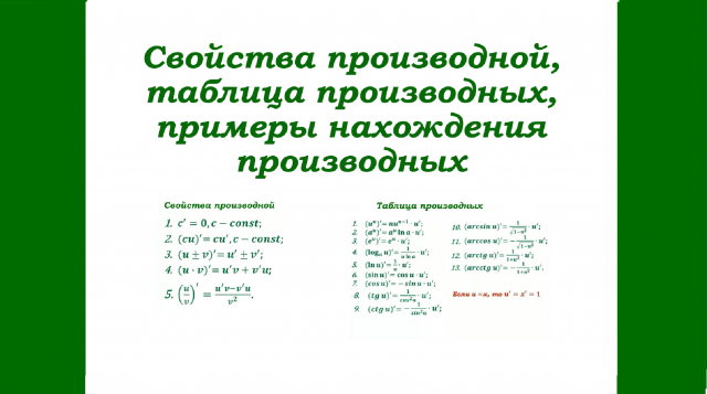 Свойства производной, таблица производных, примеры вычисления производных